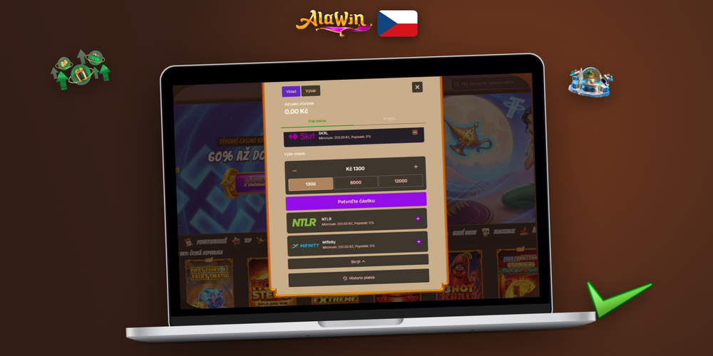 Rozhraní pokladny Alawin Casino s přehledem metod vkladu a formulářem v CZK