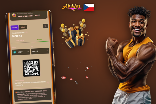 Výběr správné sítě a QR kód pro krypto vklad USDT v pokladně Alawin Casino