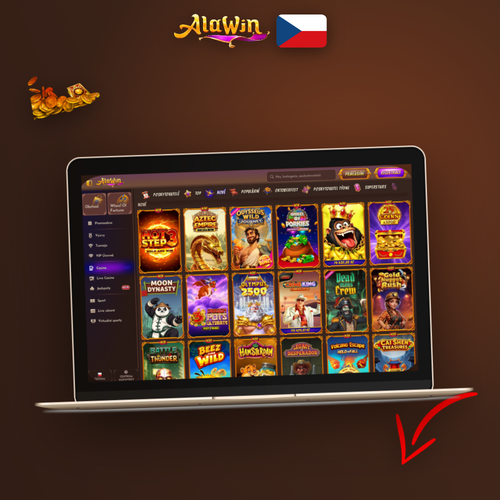 Alawin Casino desktop verze na notebooku a monitoru s herním katalogem a live kasinem