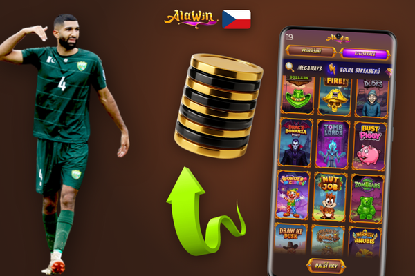 Hráč v kavárně používá mobilní aplikaci Alawin Casino na smartphonu